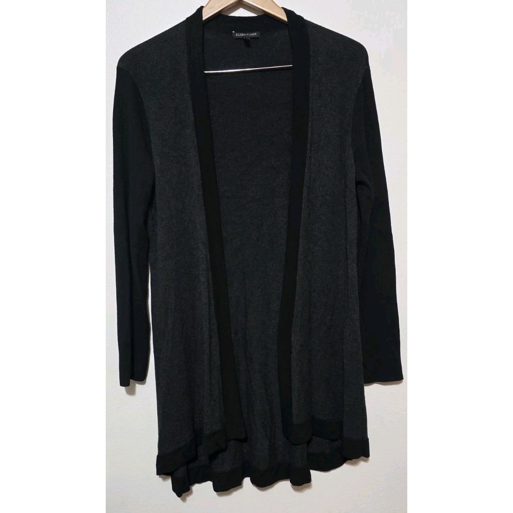 EILEEN FISHER Cardigan S Cozy Viscose Stretch Open Front Long Sleeve Gray Black